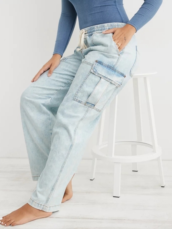 aerie Denim - Aerie Village Cargo Pants Light Wash Wide Leg Elastic Waist Utility Size M